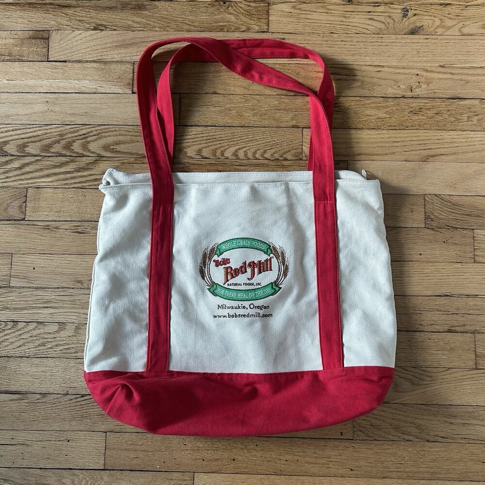 Bob’s Red Mill Canvas Tote Bag Red White Zip Top Grocery Food Logo